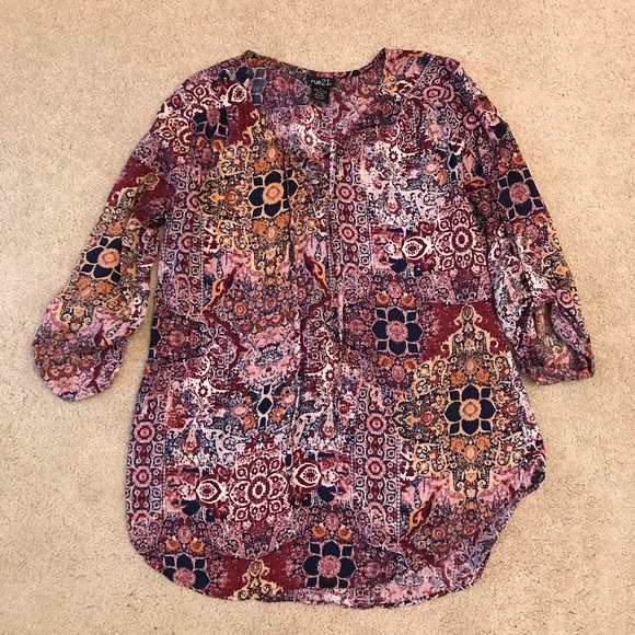 Rue21 Tops - Rue21 Semi Sheer Printed Blouse Women Medium Burgundy Cream Earthy Boho Festival